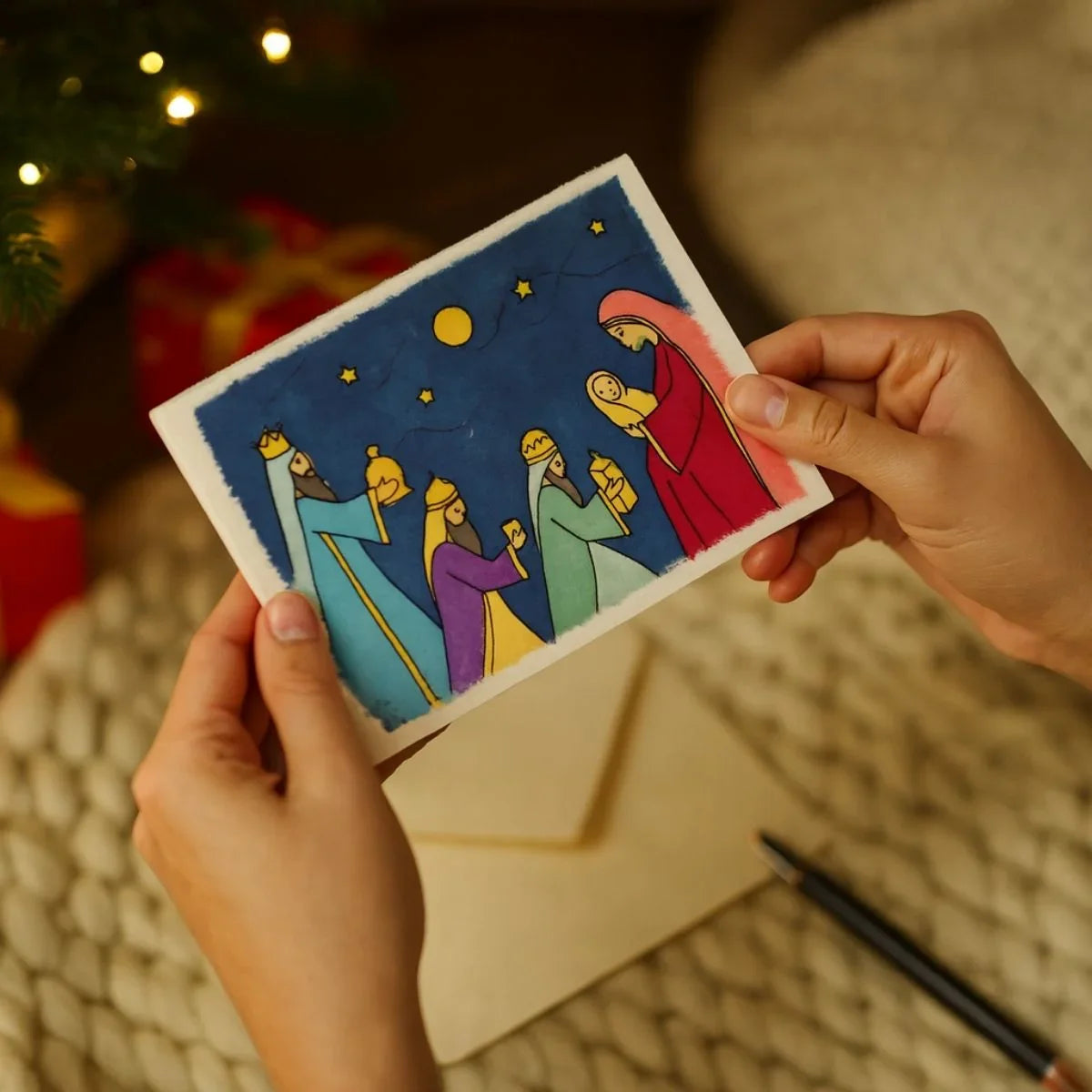 Set of 4 Christmas Batik Cards w/three kings