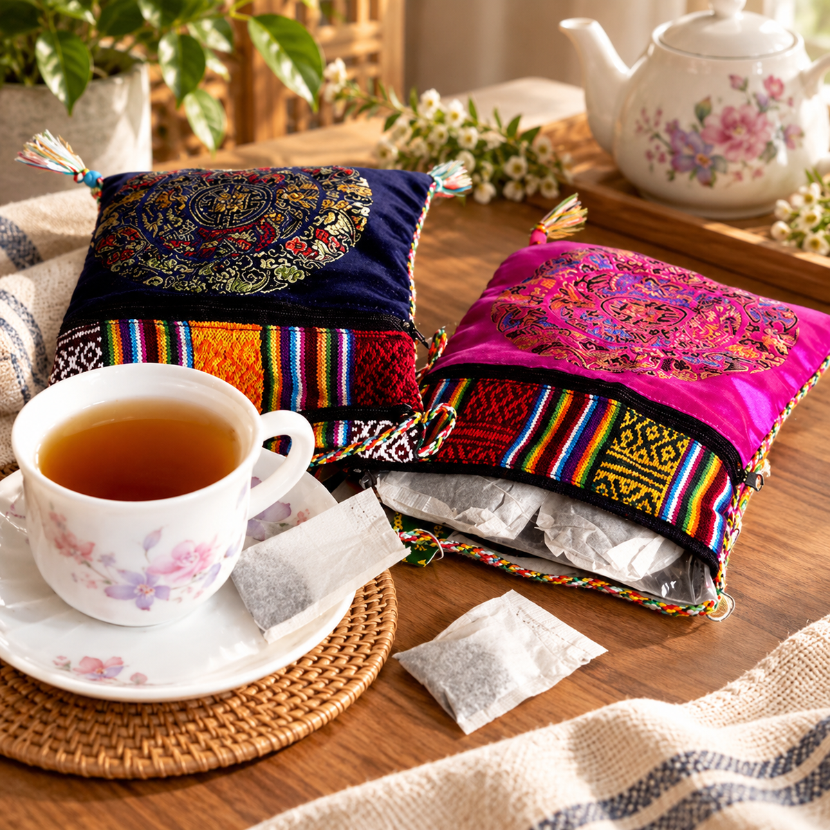Two embroidered tea bag pouches with colorful Tibetan-style patterns and tassels, shown on a wooden table beside a teacup, tea bags, a floral teapot, and woven textiles.