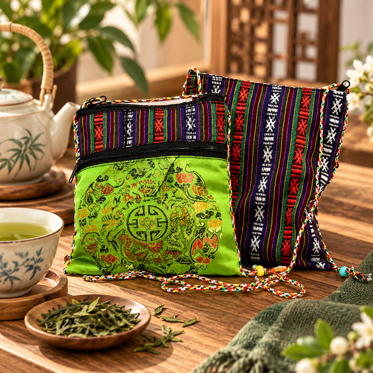 Two colorful embroidered and patterned fabric pouches or small bags displayed on a wooden table, with a teapot, cup of green tea, loose leaves, and plants in the background.