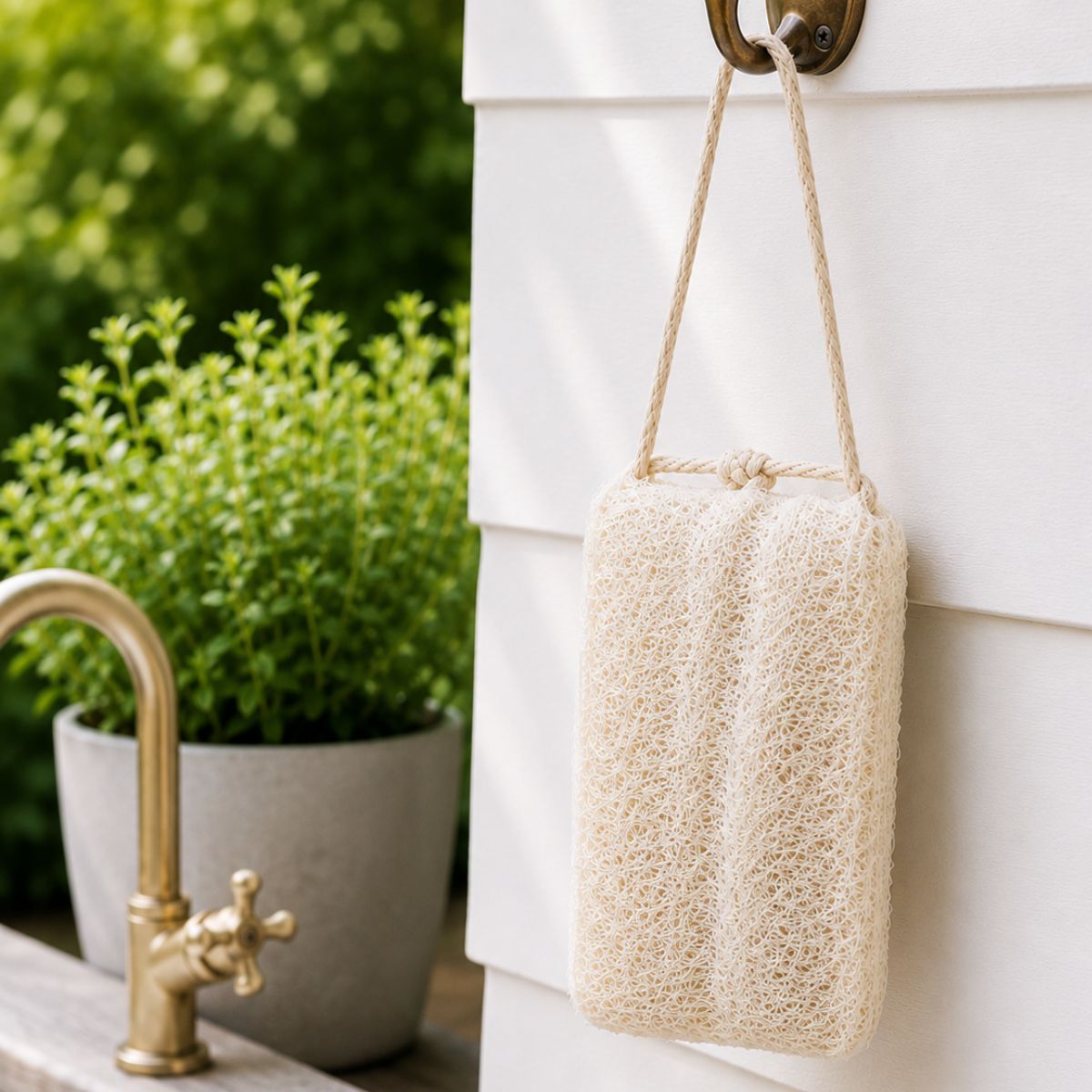 Natural loofah hanging on a wall next to a potted plant and faucet.