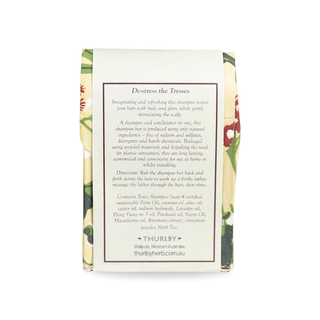 A package of Thurby Destress the Tresses shampoo, showing the back of the box with product details in English, set against a plain white background.
