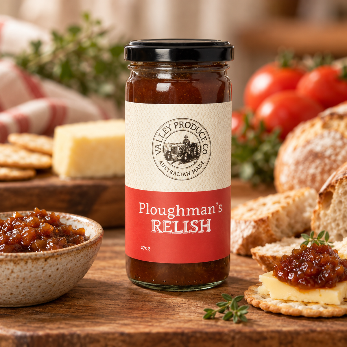 A jar of Valley Produce Co. Ploughman's Relish sits on a rustic wooden table surrounded by bread, cheese, crackers, and a small bowl of the relish, with a softly blurred kitchen background.