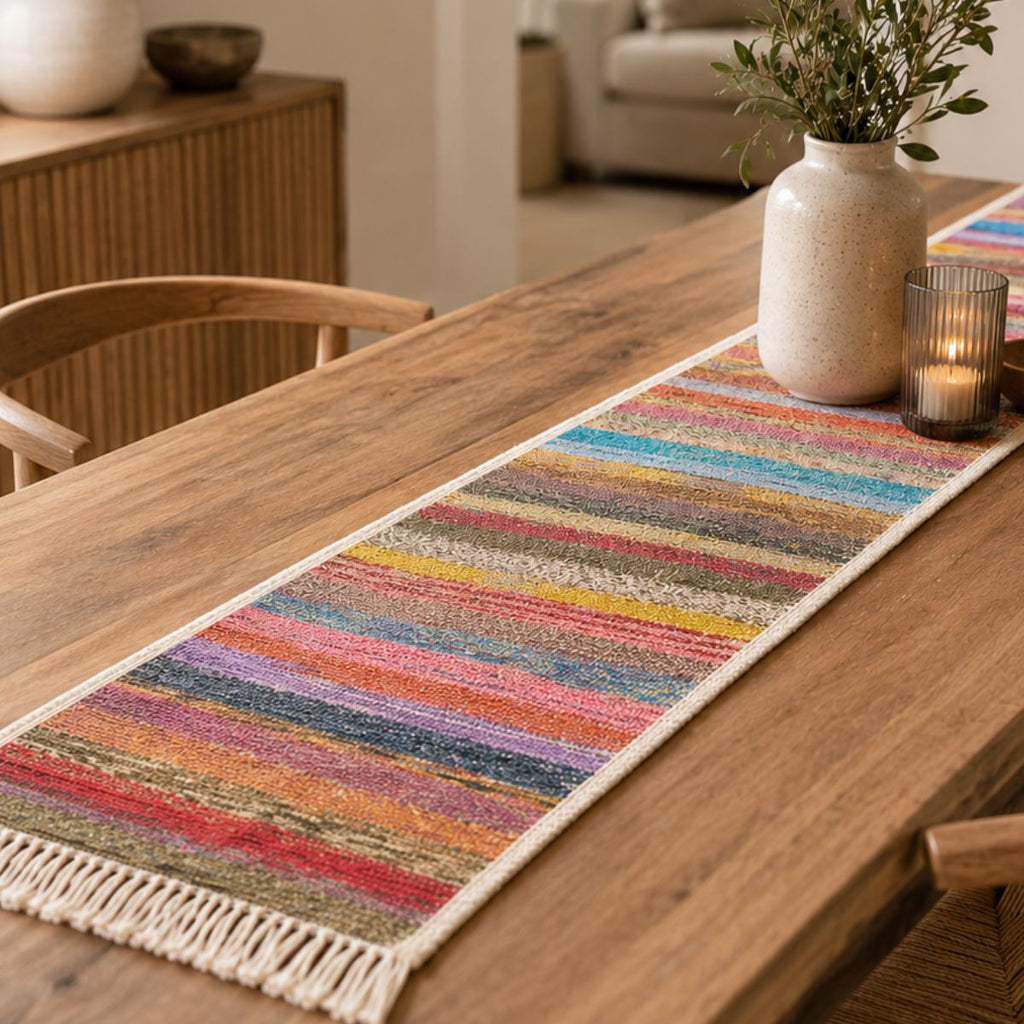 Colorful striped table runner on a wooden table with a vase and candle in a home setting.