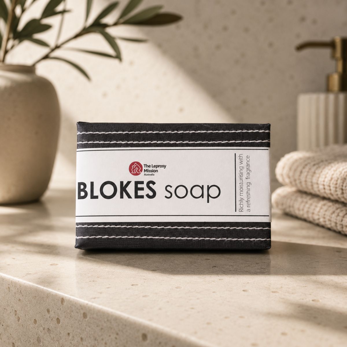 Bar of Blokes soap on a bathroom counter with a plant and towels in the background