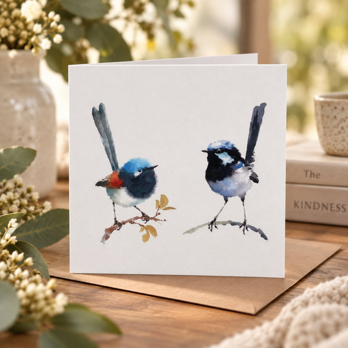 A square white greeting card featuring a watercolor illustration of two bluebirds perched on branches, displayed on a wooden surface with a kraft envelope, books, and soft floral decor in the background.
