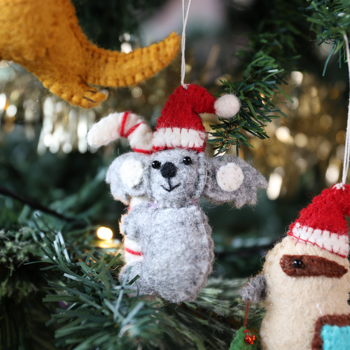 A felt Christmas koala ornament wearing a red Santa hat and scarf, hanging on a decorated Christmas tree alongside other festive ornaments.