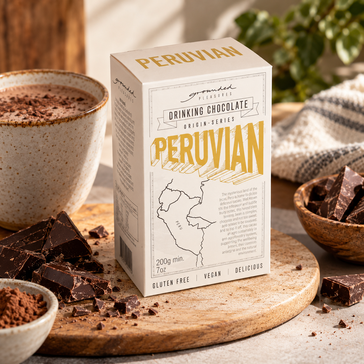 A box of Grounds Up Peruvian Drinking Chocolate sits on a wooden board surrounded by chocolate pieces, cocoa powder, and a mug in a warm, rustic setting.