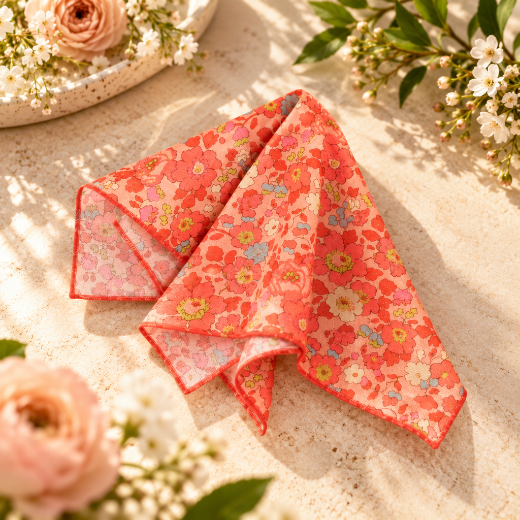 A folded floral fabric napkin or pocket square with a coral-red border and a multicolor floral print, styled on a light stone surface with soft-focus flowers around it.