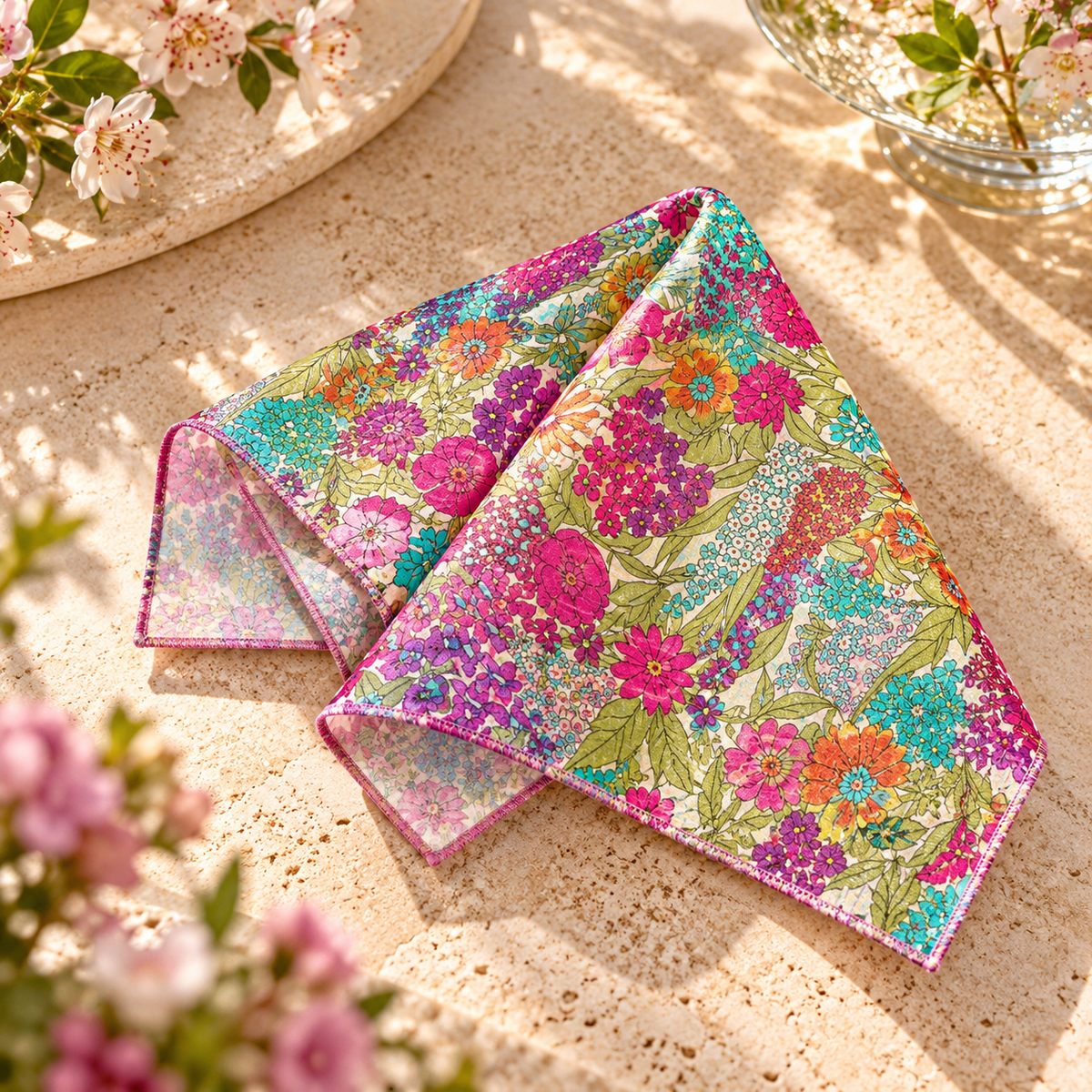 A folded square fabric napkin with a vibrant multicolor floral print and pink piped edges, styled on a textured beige stone surface with soft-focus flowers in the foreground and background.