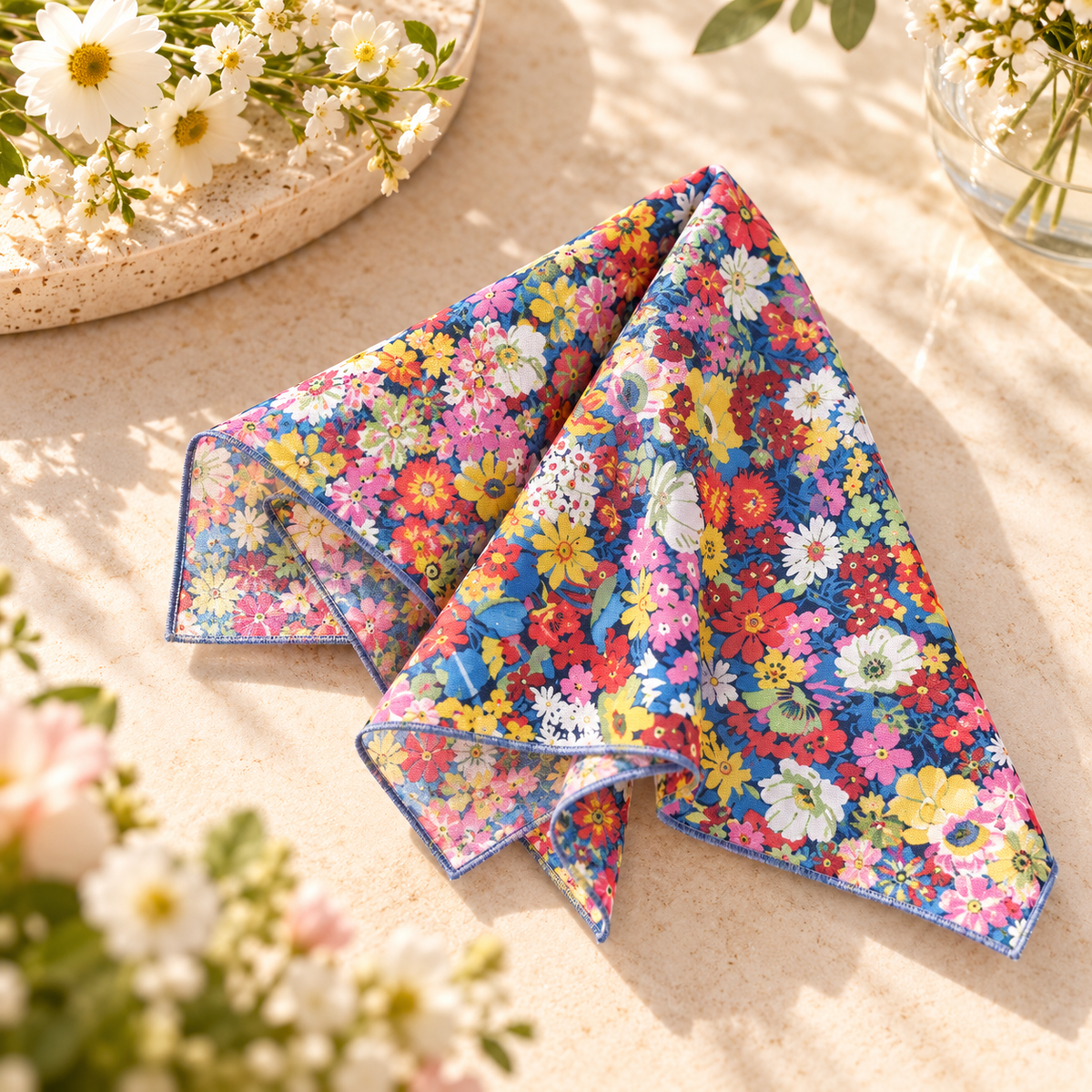 A folded floral pocket square or napkin with a dense multicolor flower print on a blue background, styled on a light beige surface with soft-focus white flowers in the corners.