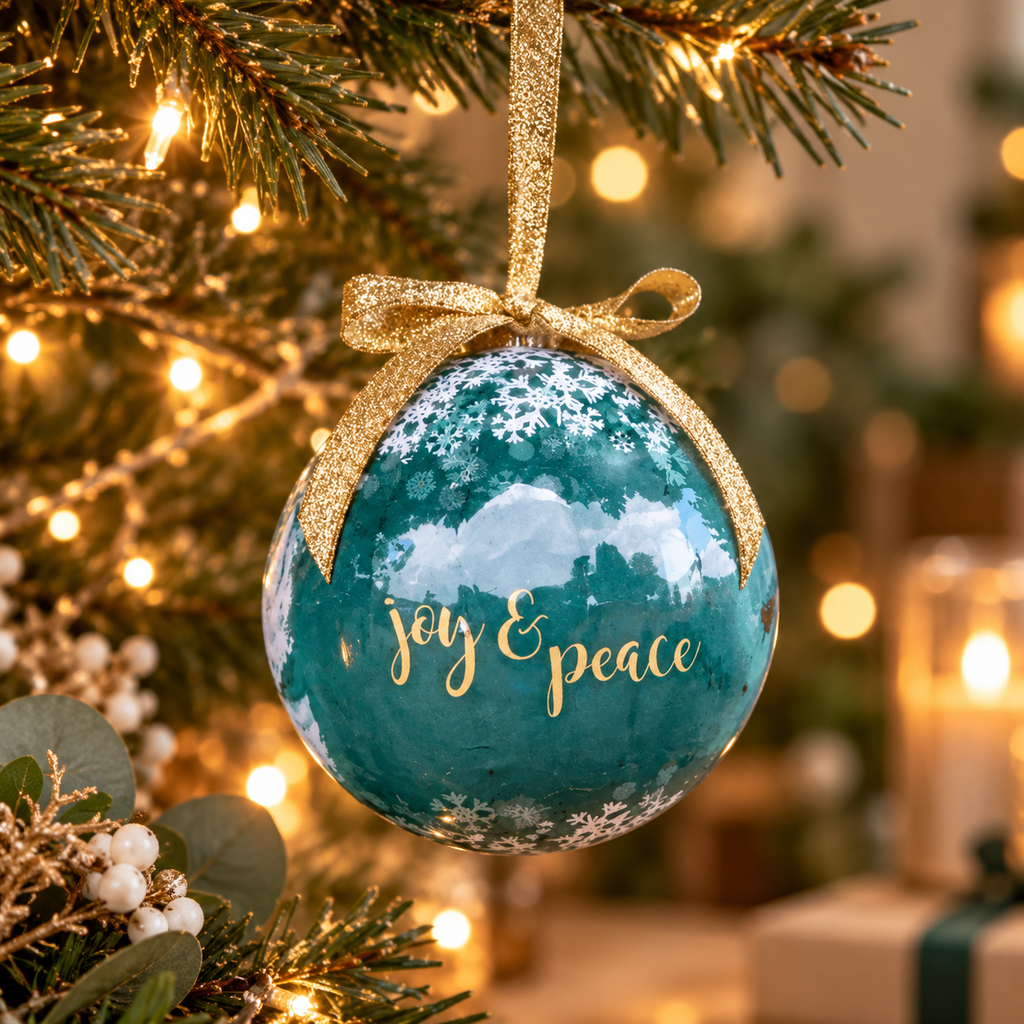 A round teal Christmas ornament with gold cursive text reading 'Joy & Peace' and white snowflake details, hanging from a gold glitter ribbon on a decorated Christmas tree with warm lights.