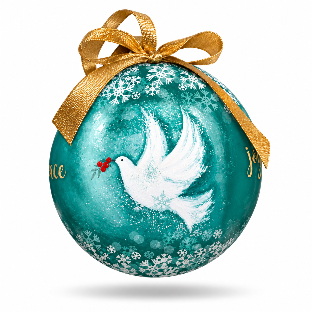 A teal Christmas ornament ball with a white dove holding red berries, decorated with white snowflakes and a gold ribbon bow at the top, shown on a white background.