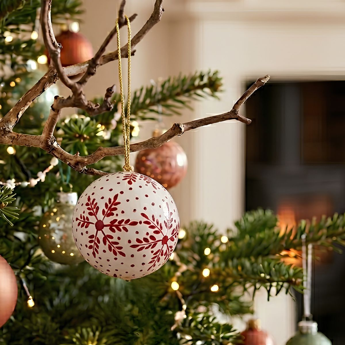 Decorative Christmas ball with red snowflake pattern hanging on a tree branch.
