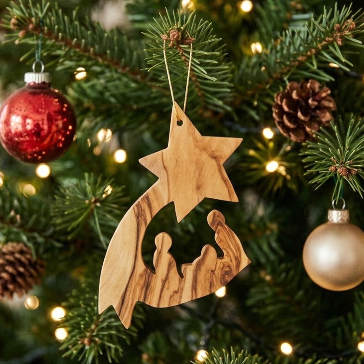Wooden star ornament with nativity scene on a Christmas tree with lights and ornaments.