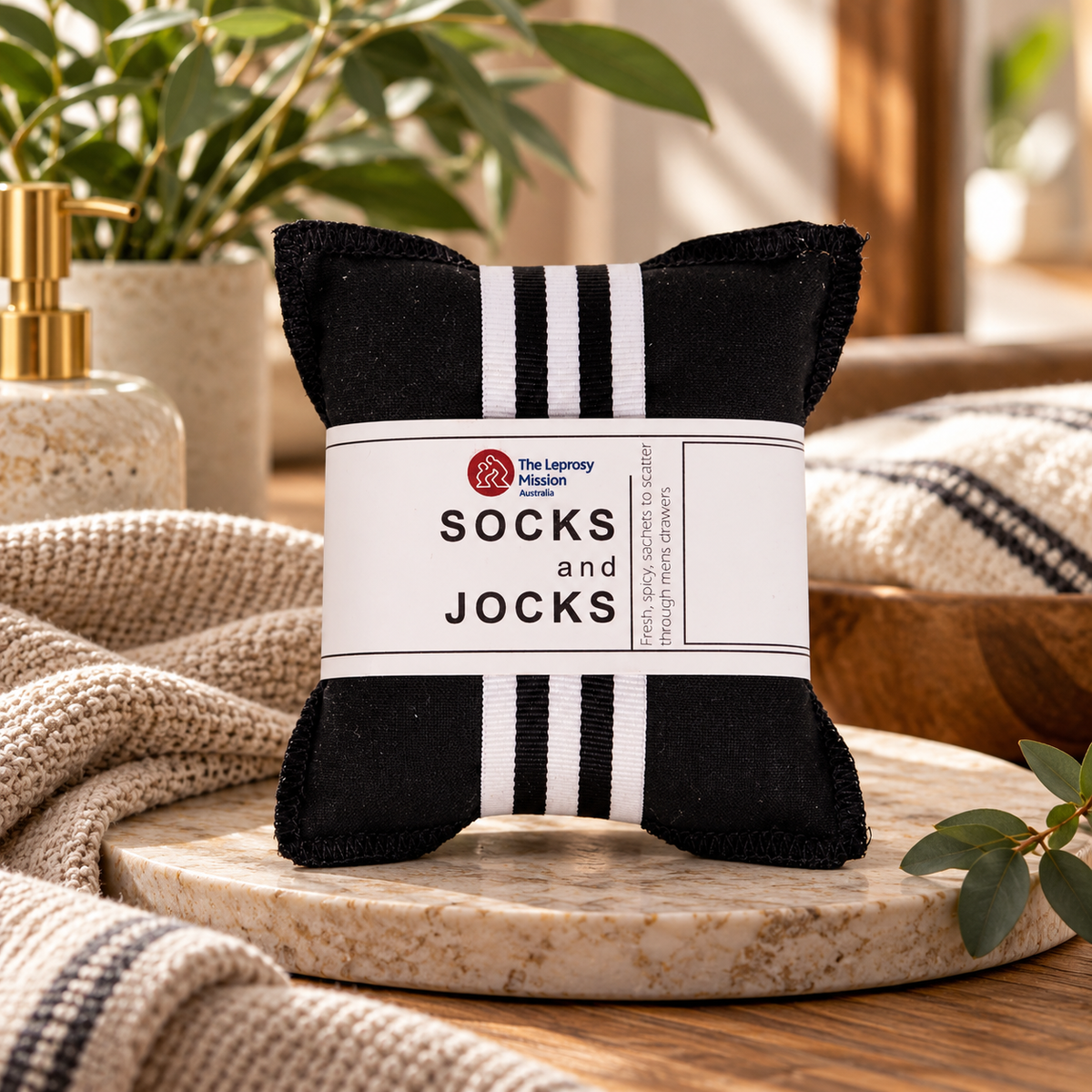 A black knit sock and jock cushion with white stripes and a white paper label reading 'The Legacy Mission Assn. SOCKS and JOCKS,' styled on a marble tray with a beige knit blanket, plants, and warm indoor decor in the background.
