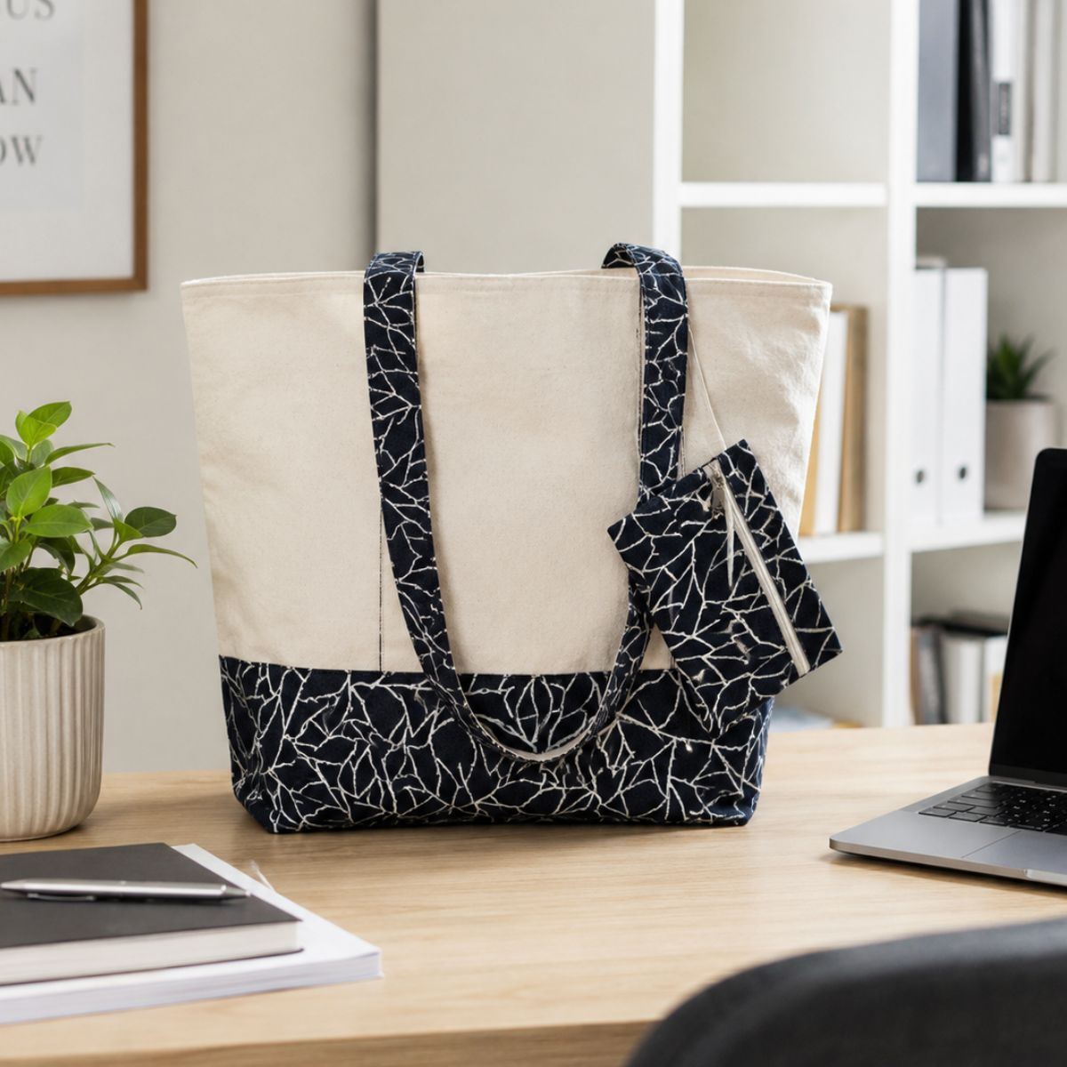 Tote bag with black and white pattern on a desk with a laptop and plant