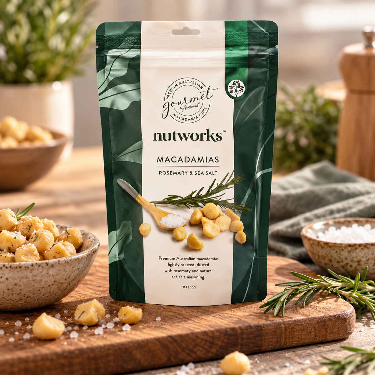 A stand-up pouch of nutworks Gourmet Macadamias Rosemary & Sea Salt seasoning is displayed on a wooden cutting board with bowls of prepared food and rosemary sprigs in a warm kitchen setting.
