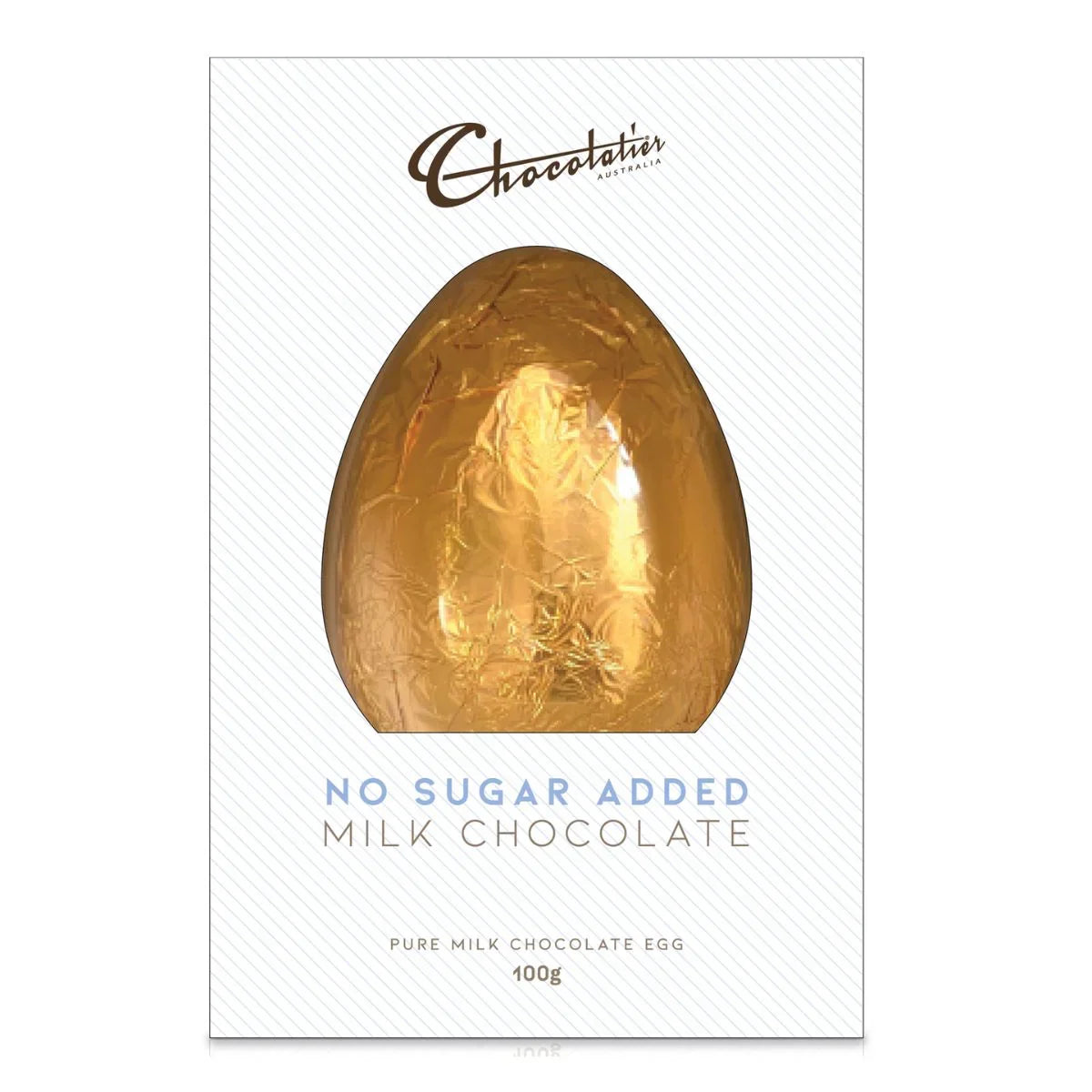Gold chocolate egg on a Chocolatier Australia packaging with 'No Sugar Added Milk Chocolate' text.