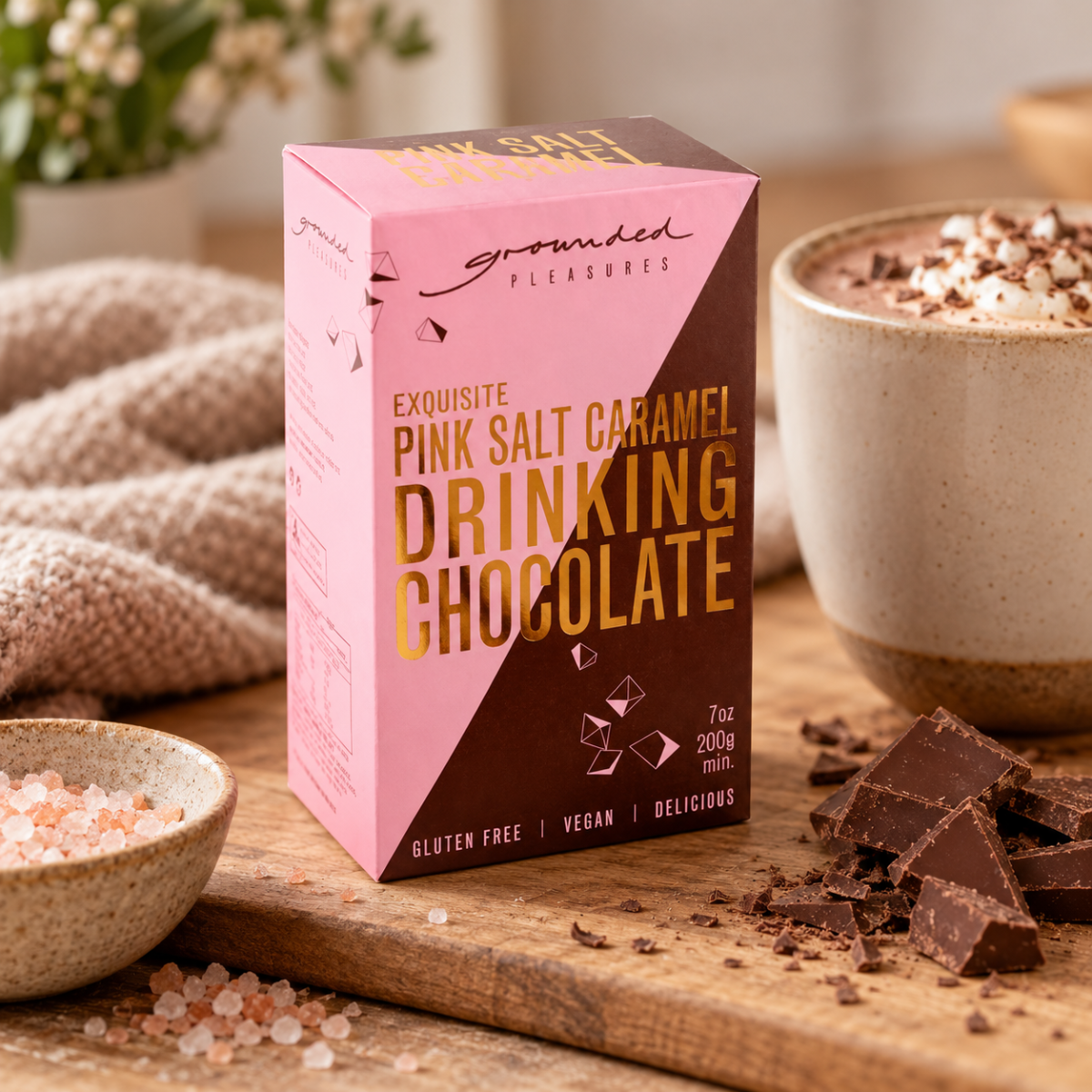 A box of Growketed Pleasures Exquisite Pink Salt Caramel Drinking Chocolate stands on a wooden board in a cozy kitchen setting, surrounded by a cup of chocolate drink, chocolate chunks, and pink salt.