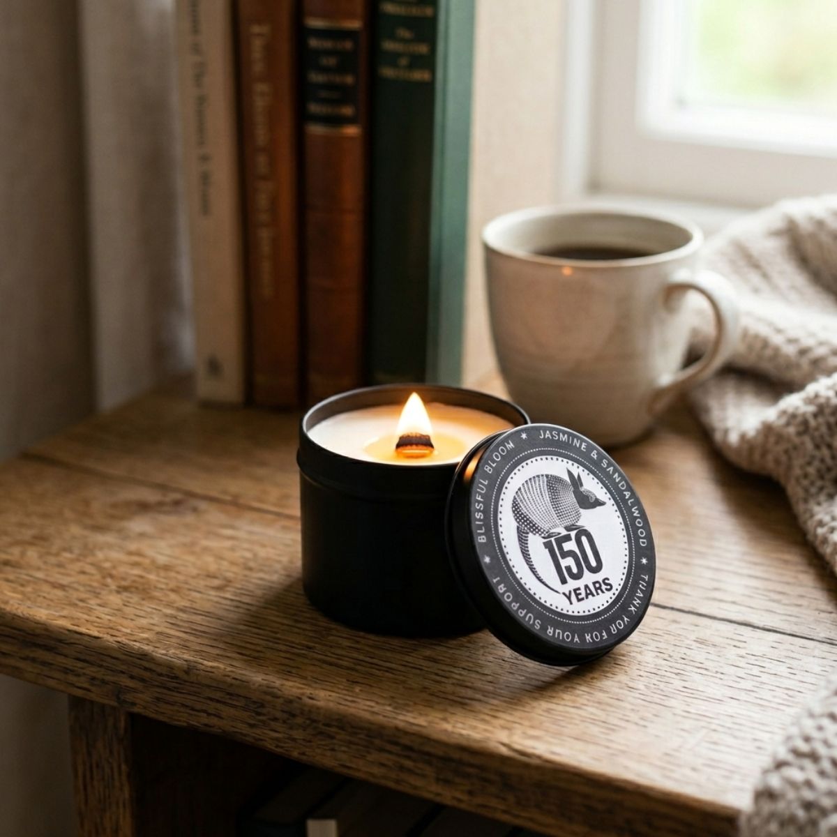 Candle in a tin with '150 Years' label on a wooden surface with books and a mug in the background.