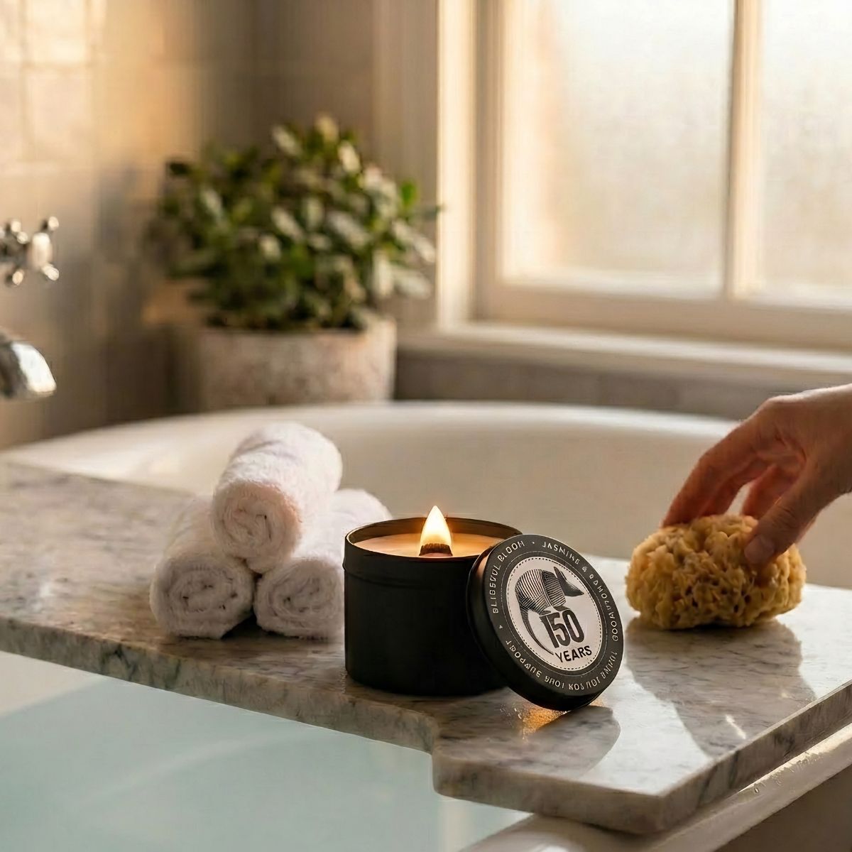 Candle with a decorative label on a marble ledge next to rolled towels and a sponge in a bathroom setting.