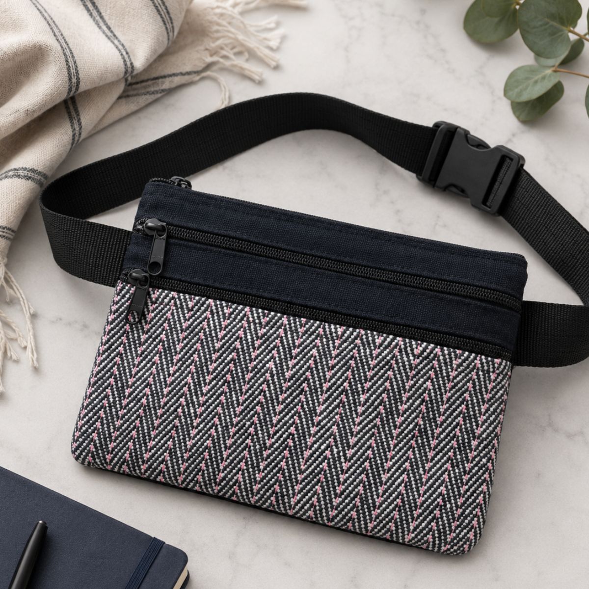 Black and gray patterned waist bag on a light marble surface with a notebook and plant.