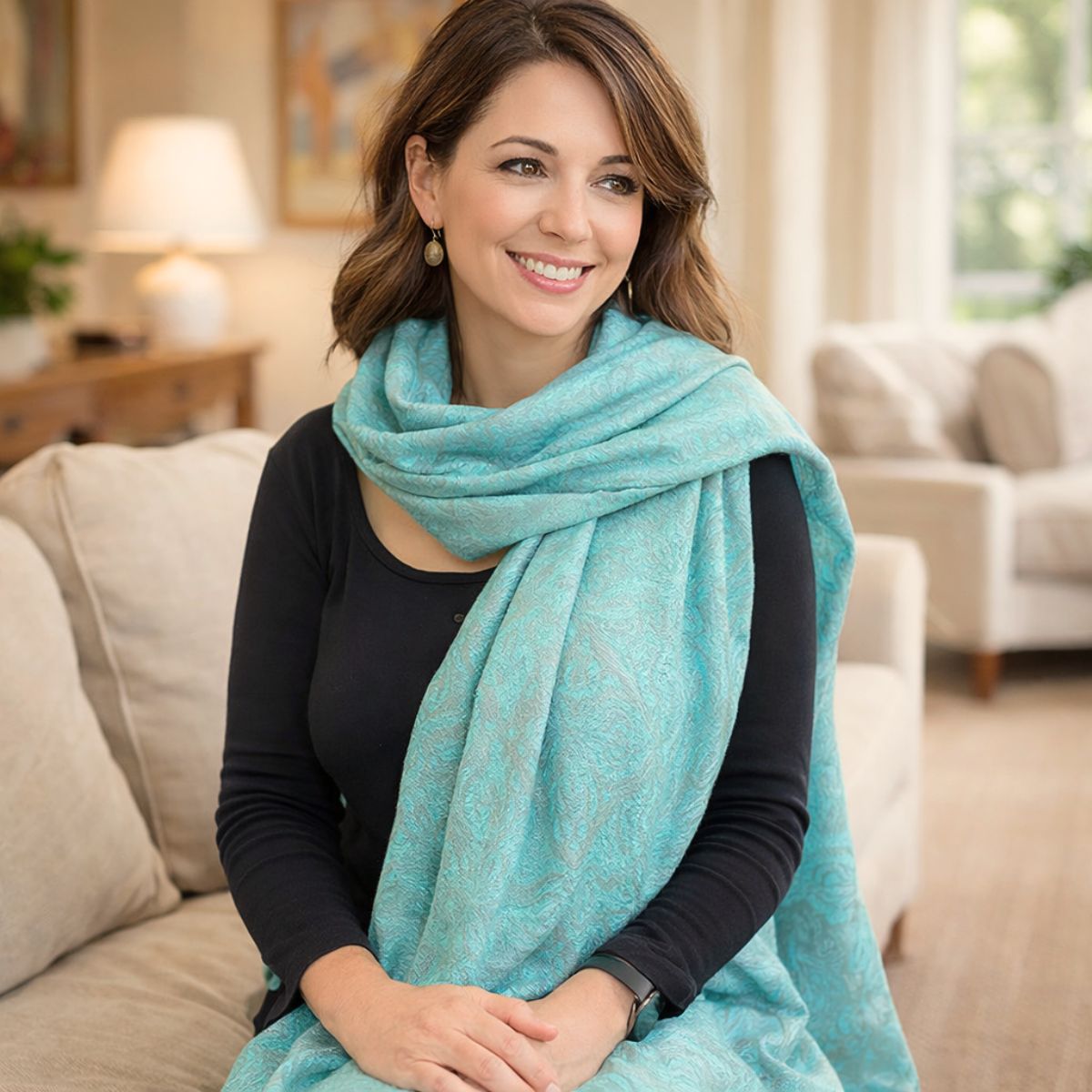 Woman wearing a turquoise scarf in a living room setting