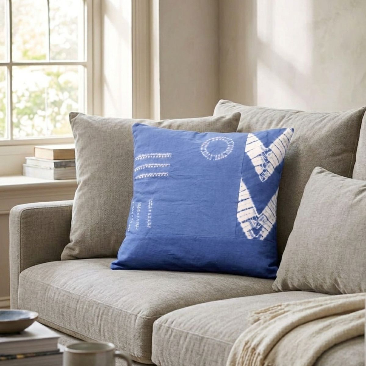 Gray sofa with a blue pillow featuring a white design, in a room with a window and curtains.