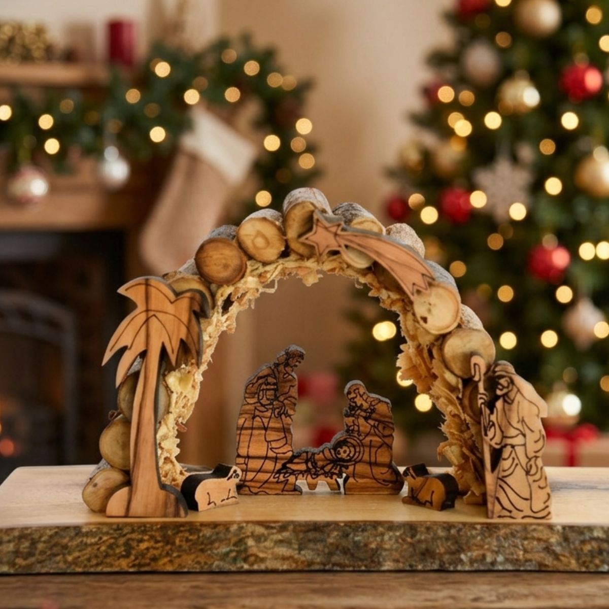 Wooden nativity scene with a blurred Christmas tree and fireplace in the background