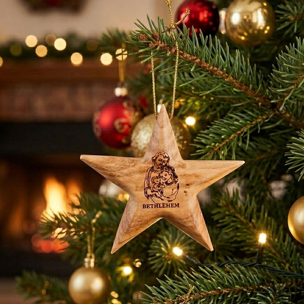 Wooden star ornament with 'Bethlehem' engraving on a Christmas tree.