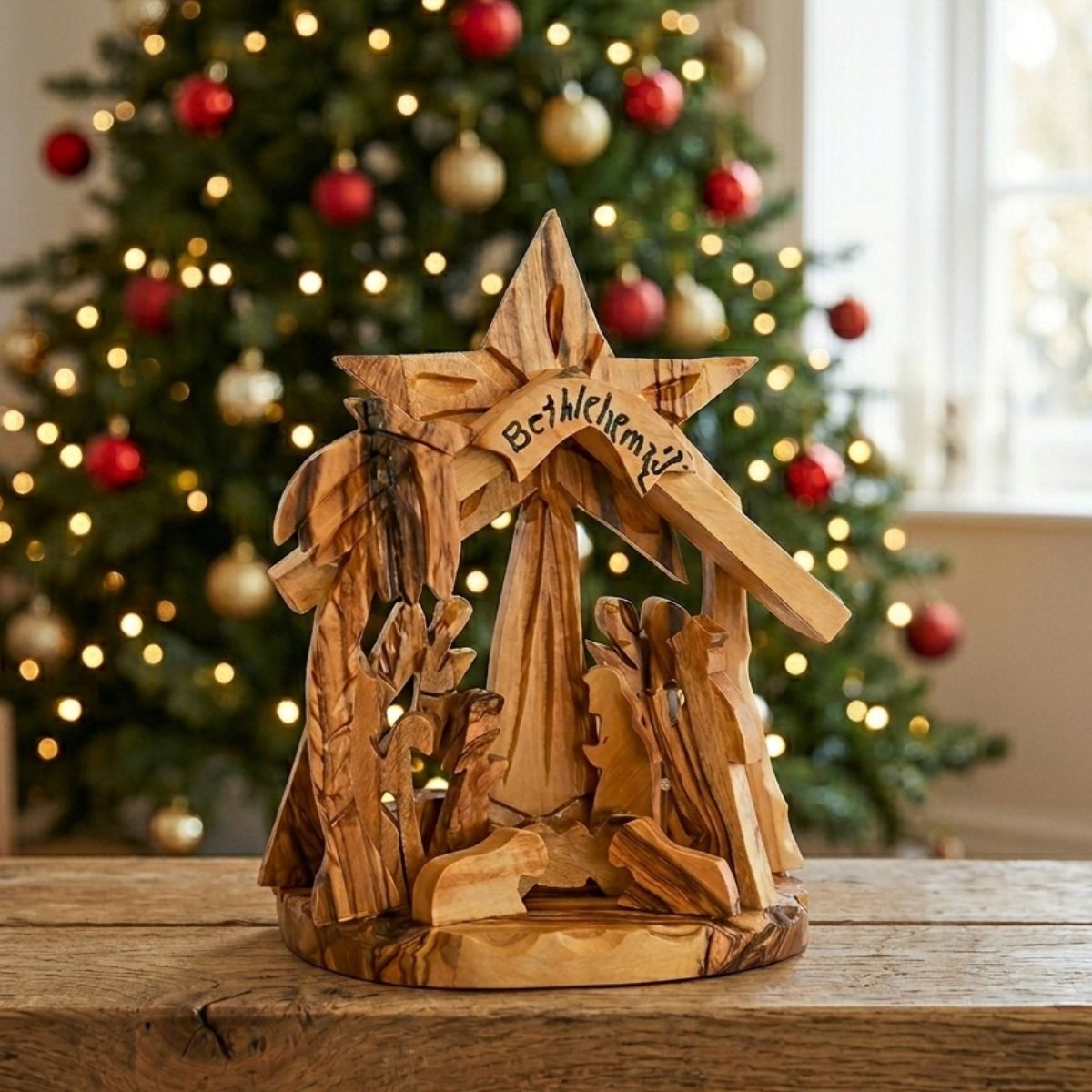 Wooden nativity scene with 'Bethlehem' on a table in front of a decorated Christmas tree.