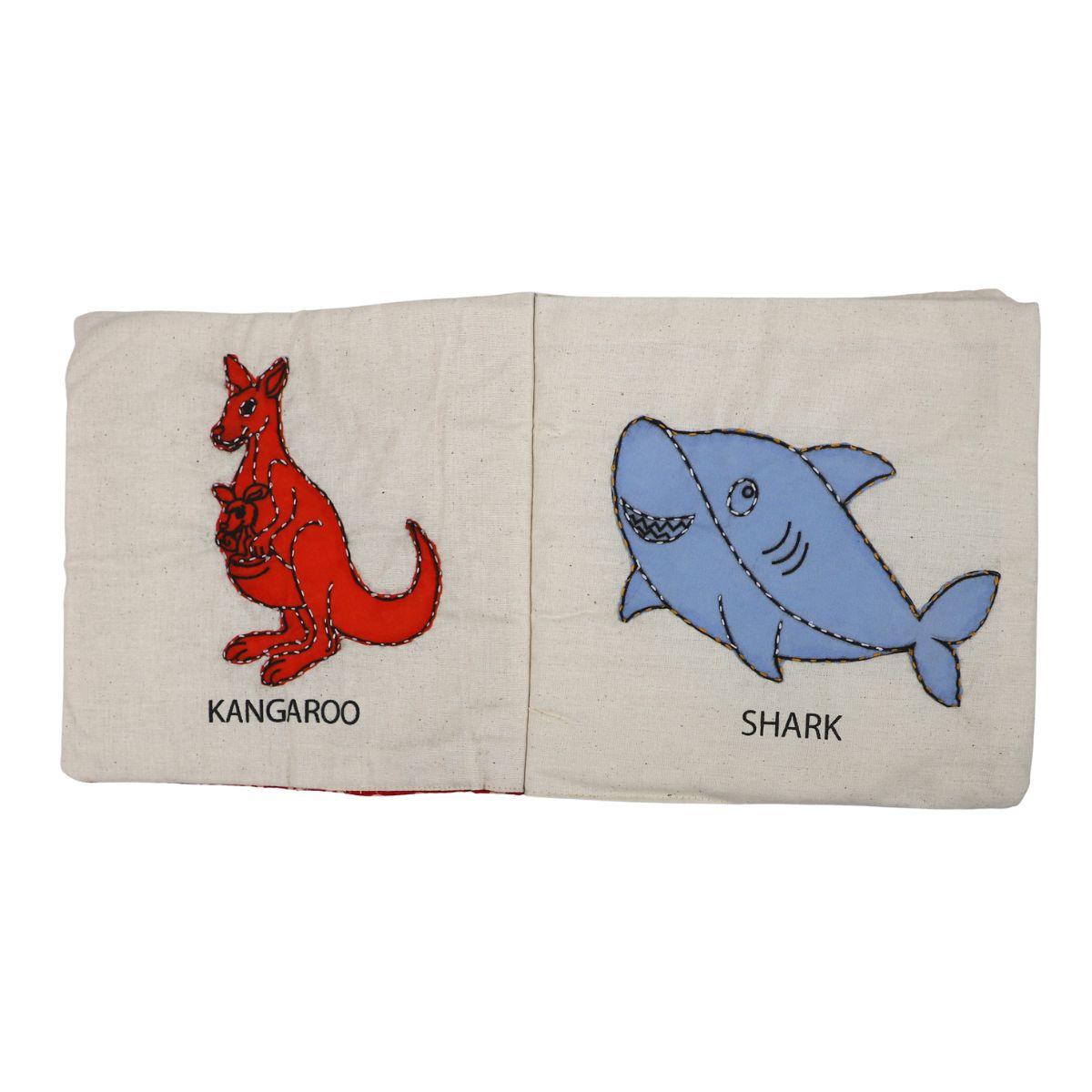 Fabric book with kangaroo and shark illustrations on a white background