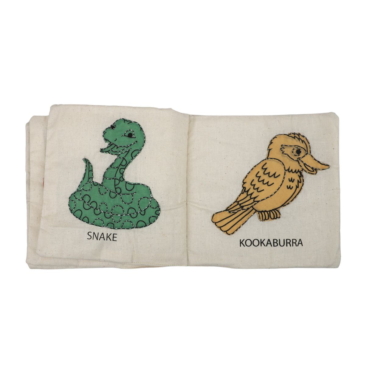 Folded fabric book with snake and kookaburra illustrations on a white background