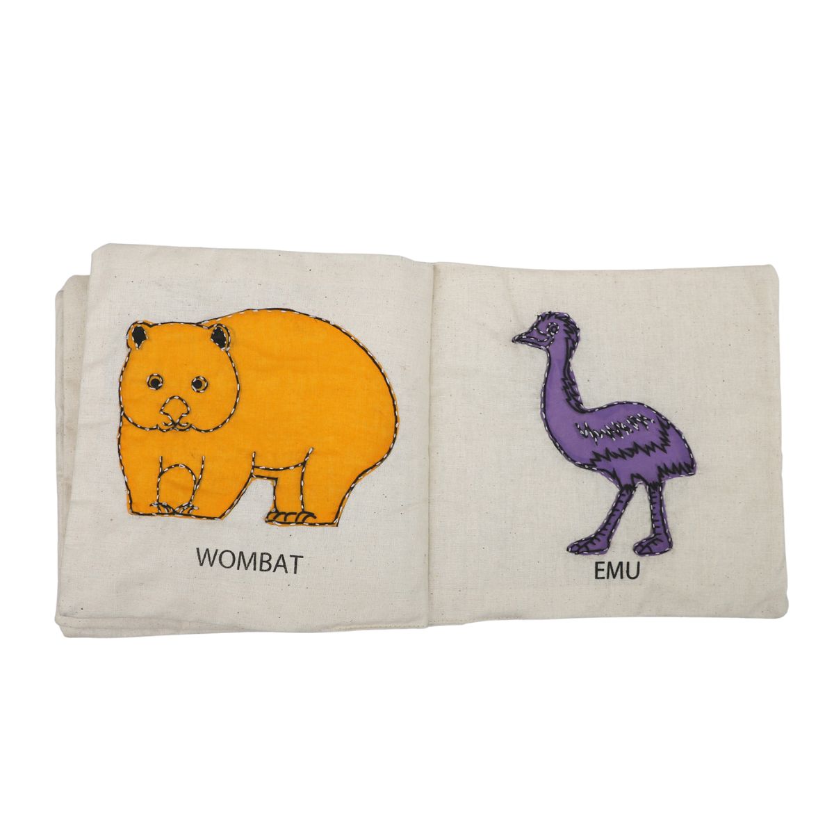Children's book with illustrations of a wombat and an emu on a white background