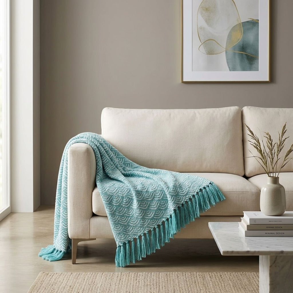 Beige sofa with a turquoise blanket draped over it in a living room setting.