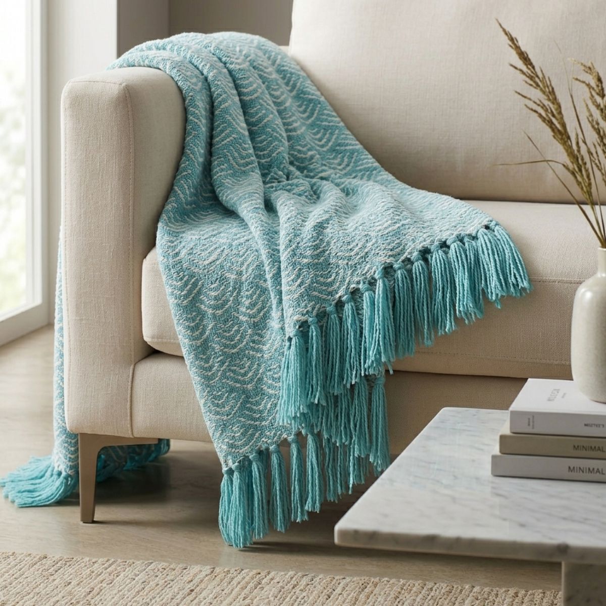 Turquoise blanket draped over a beige sofa in a living room setting.