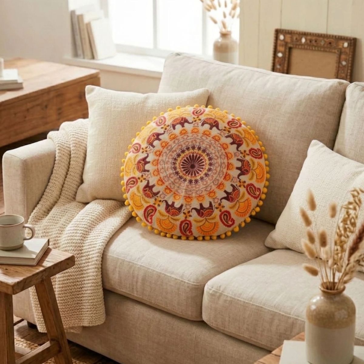 Decorative pillow on a beige sofa in a cozy living room setting