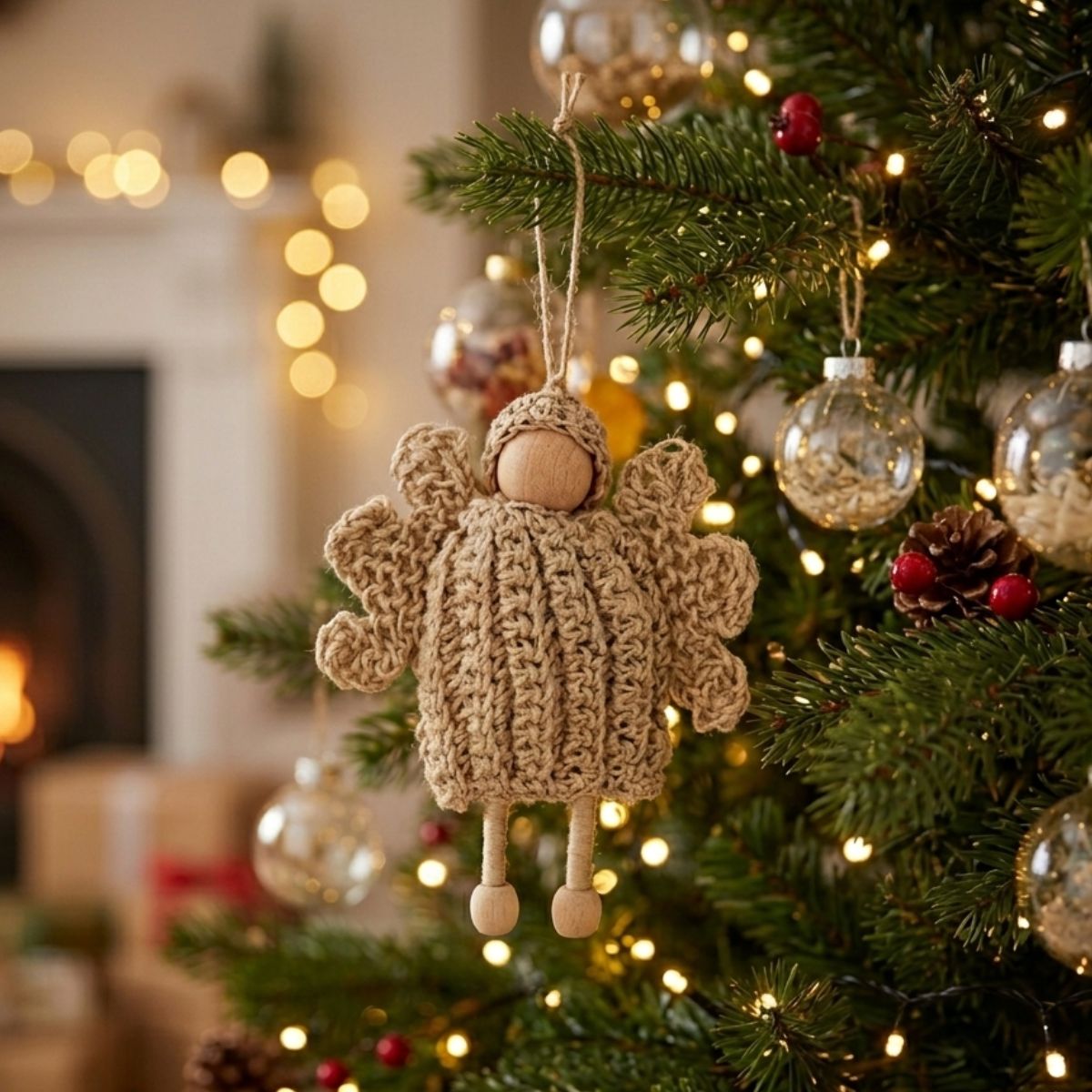 Knitted angel ornament hanging on a decorated Christmas tree with lights and pinecones.