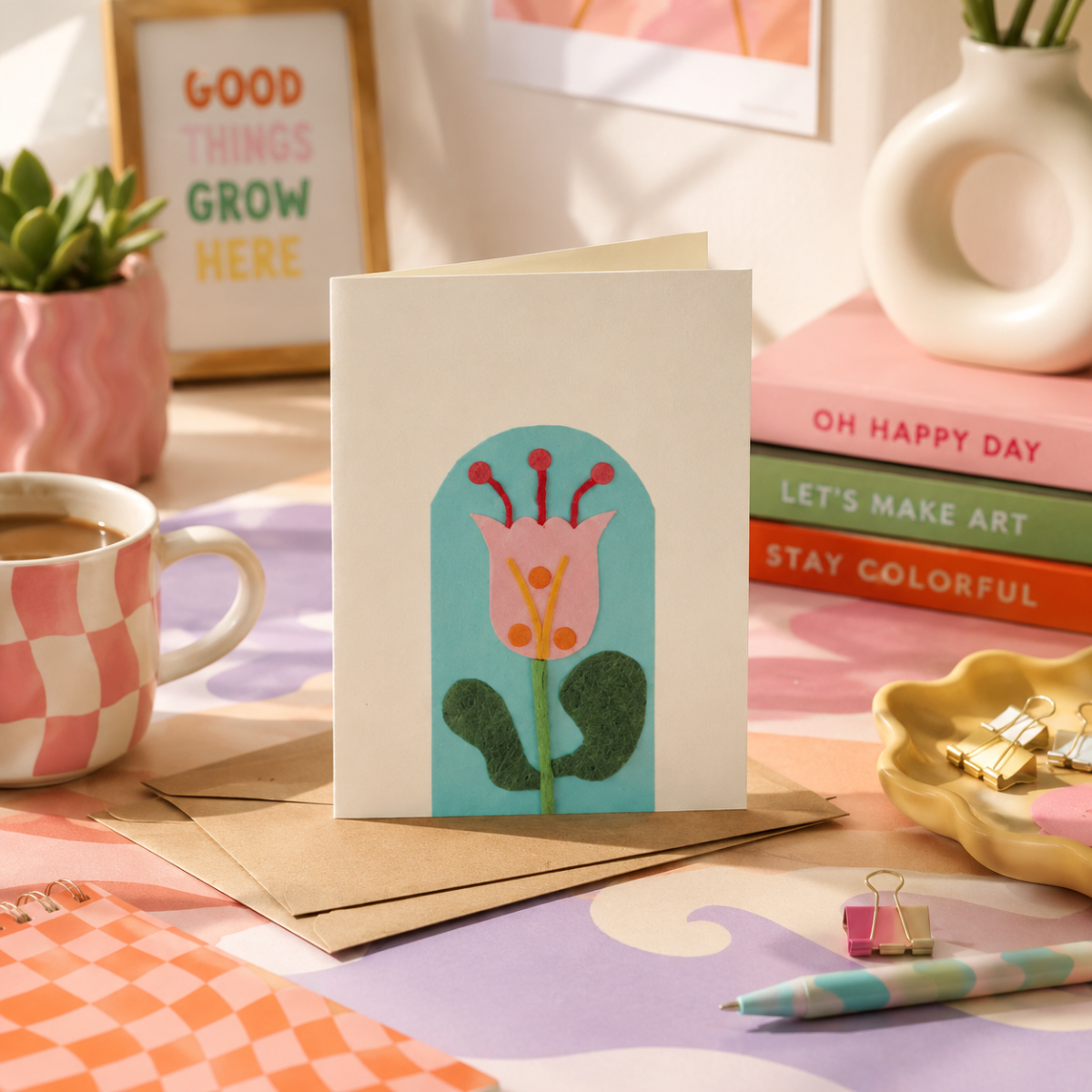Card with floral design on a colorful desk with coffee mug and books