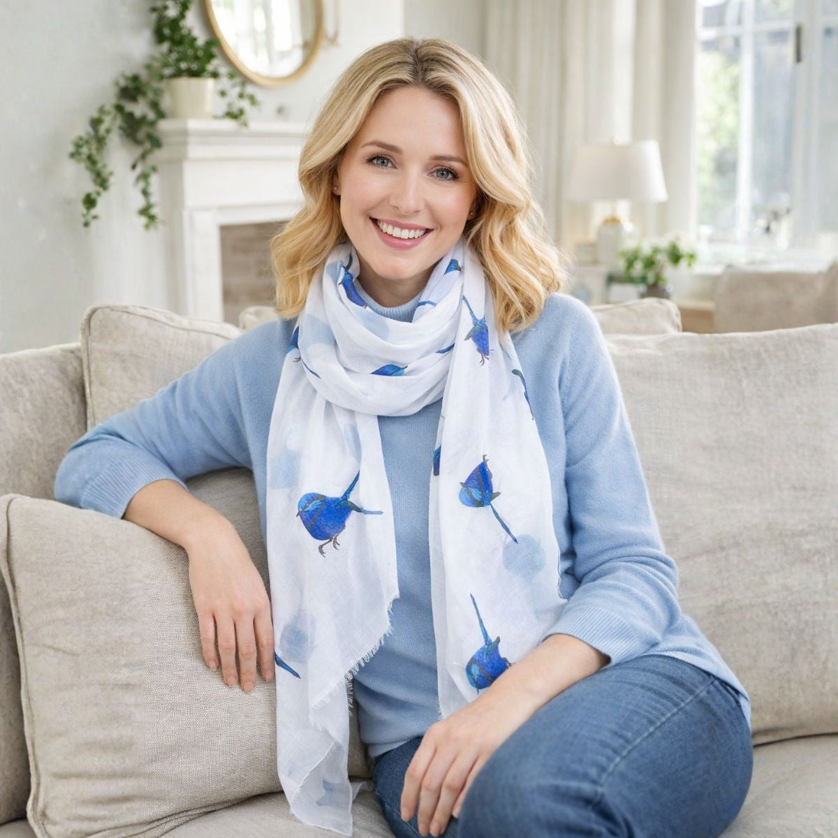 Woman sitting on a couch wearing a blue shirt and a white scarf with blue bird designs.