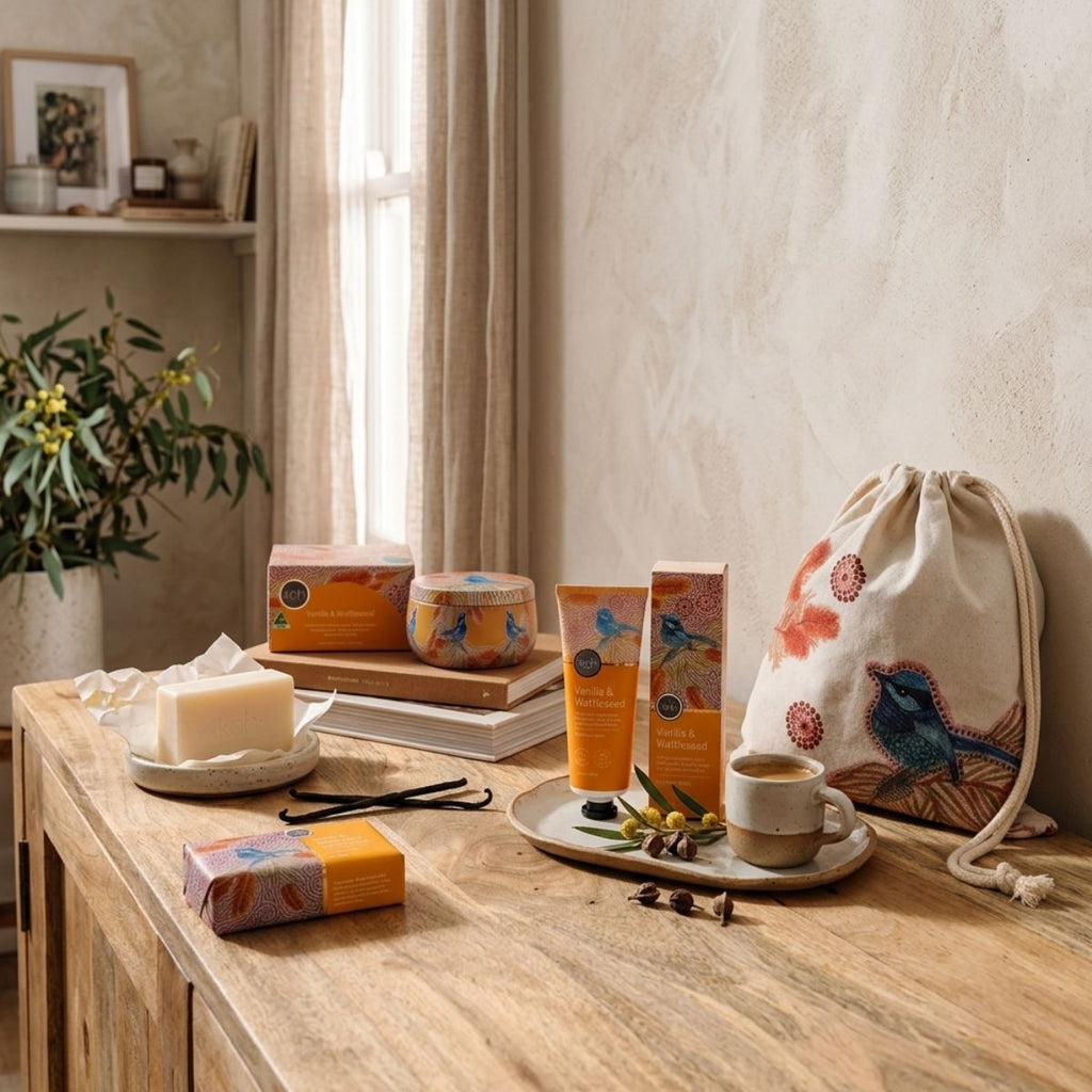 Cosmetic products on a wooden table with a drawstring bag and cup in a cozy room.
