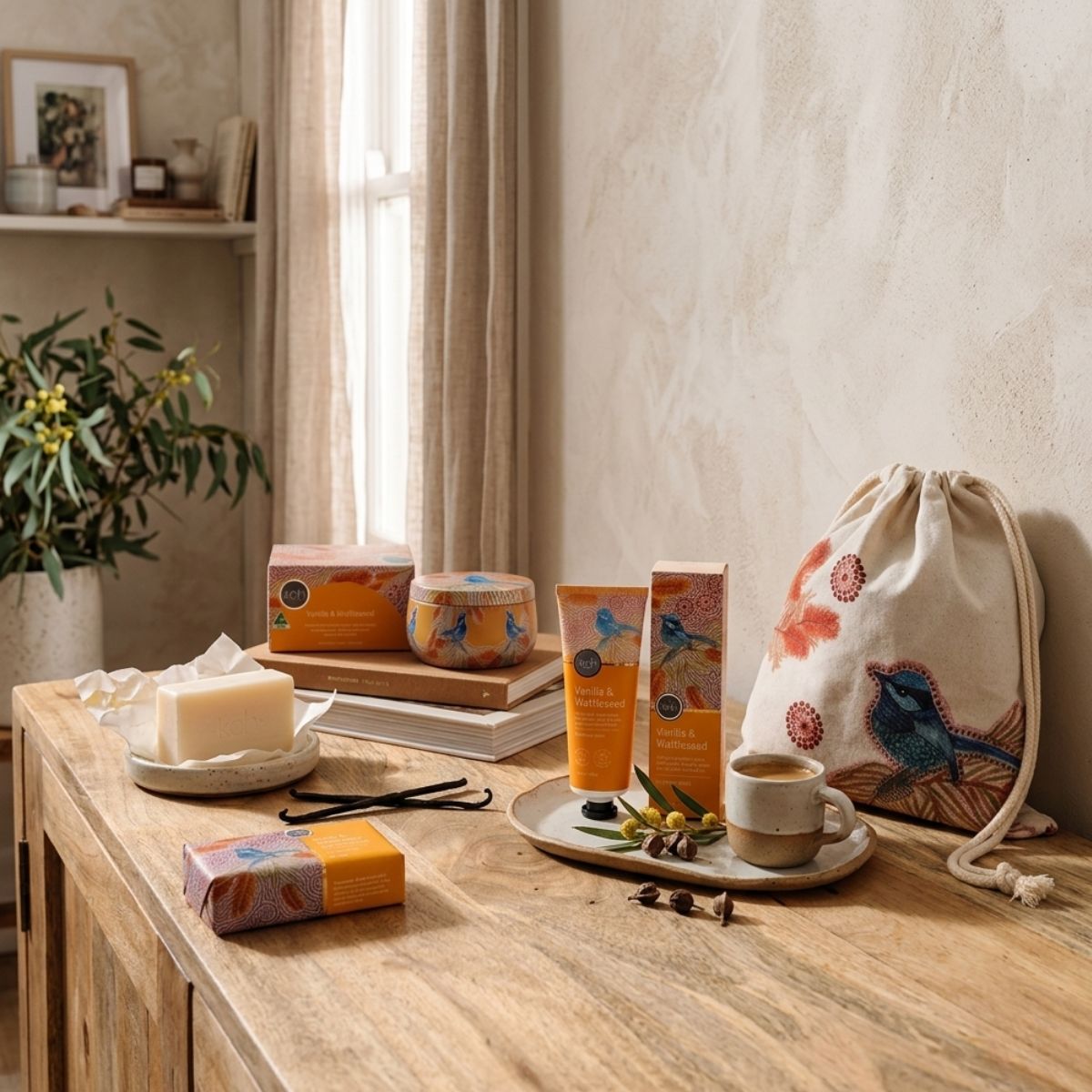 Cosmetic products on a wooden table with a drawstring bag and cup in a cozy room.