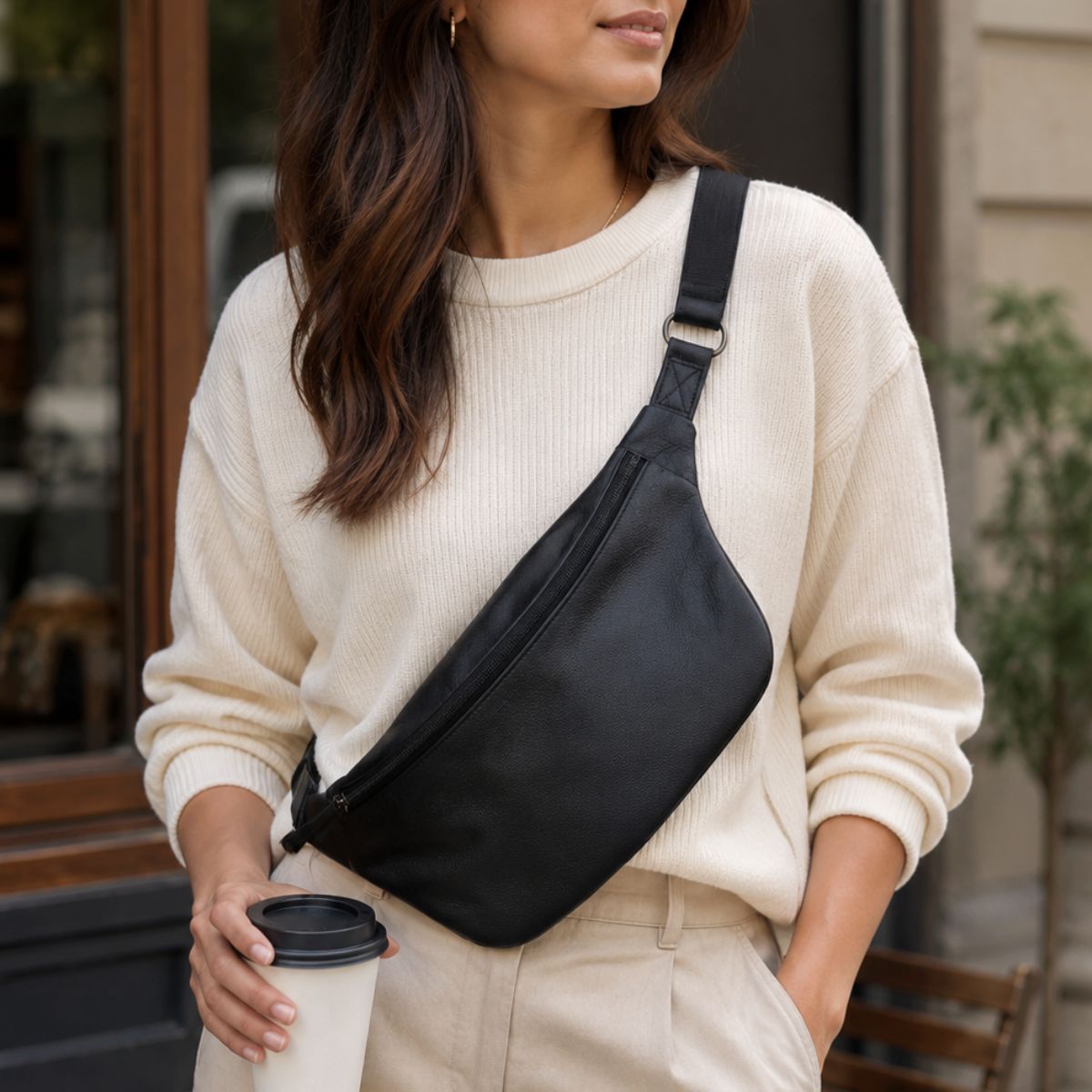 Woman wearing a black crossbody bag and holding a coffee cup outdoors.