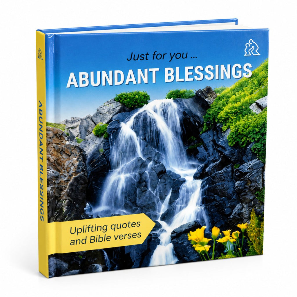 A hardcover book titled "ABUNDANT BLESSINGS" with a scenic waterfall cover and yellow spine, shown on a clean white background.