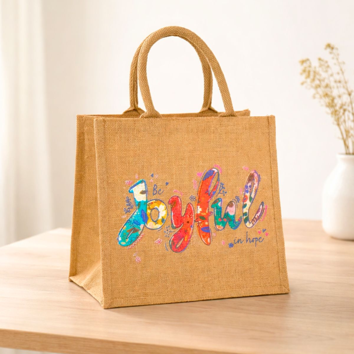 Brown jute bag with colorful 'be joyful' text on a wooden surface.