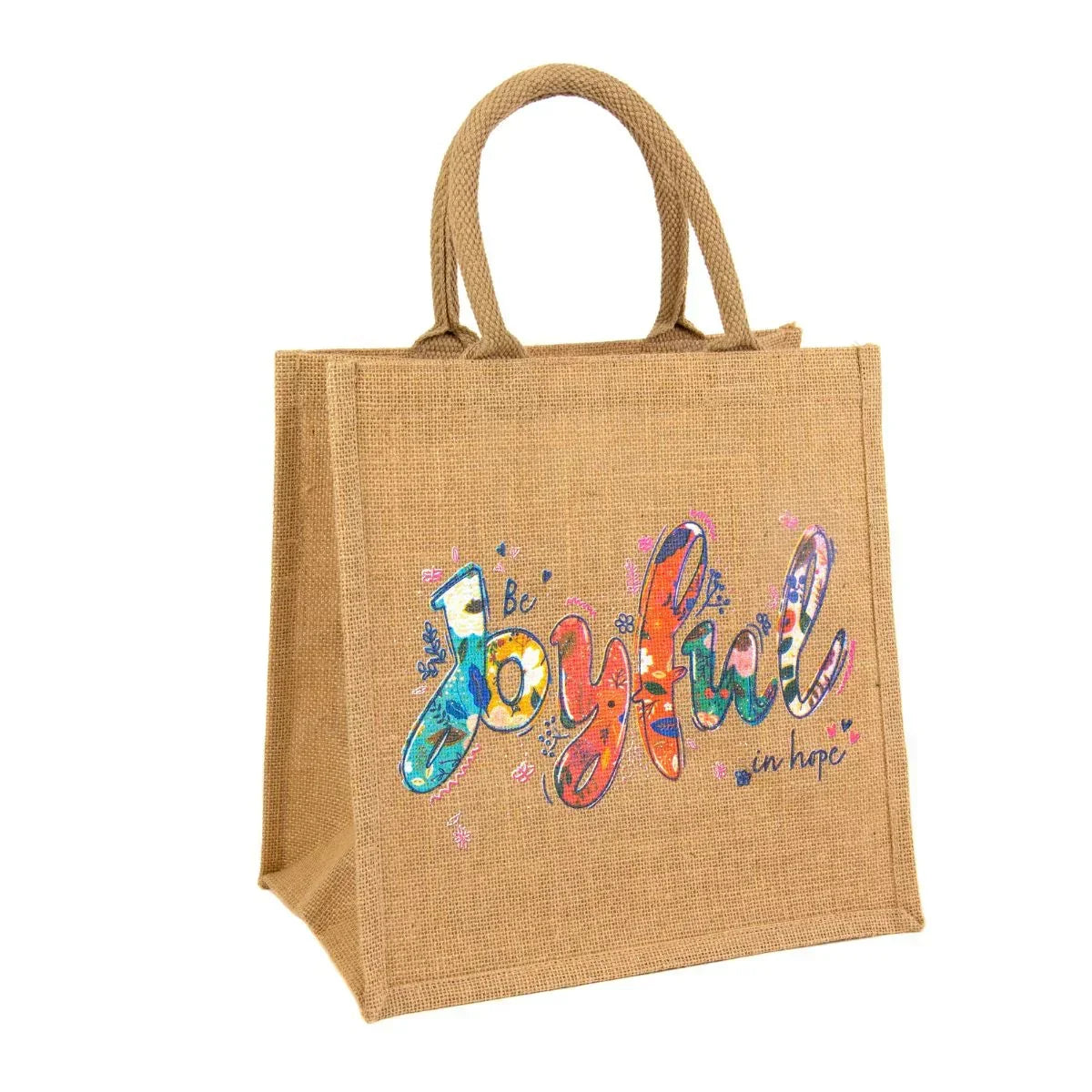 Jute bag with colorful 'Be Joyful in Hope' text on a white background