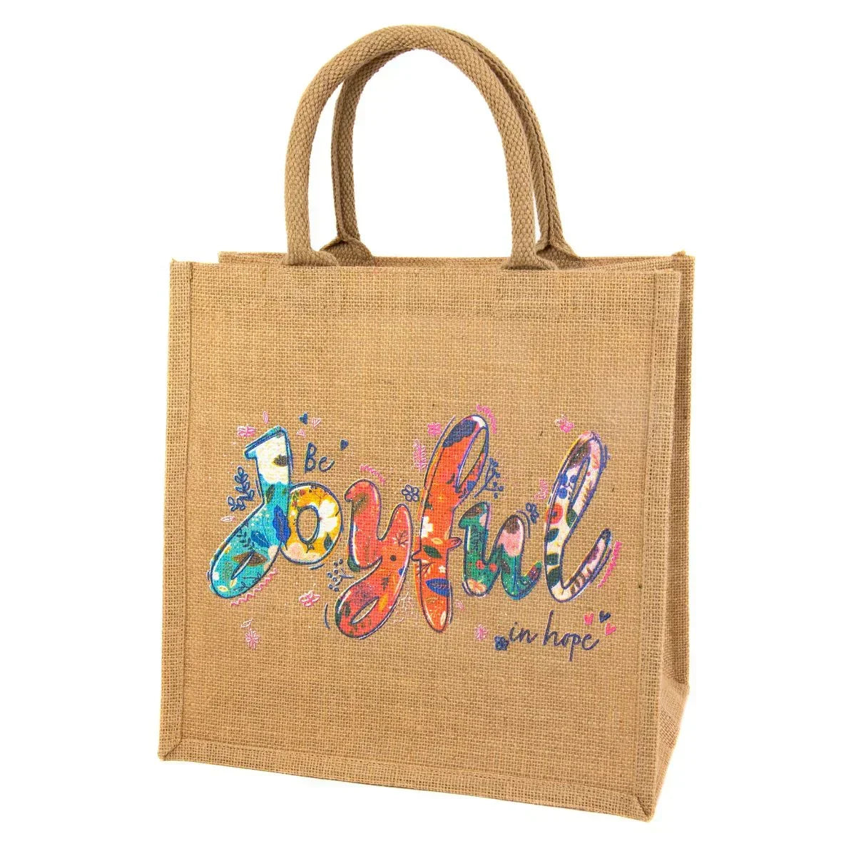 Jute bag with colorful 'Be Joyful in Hope' text on a white background
