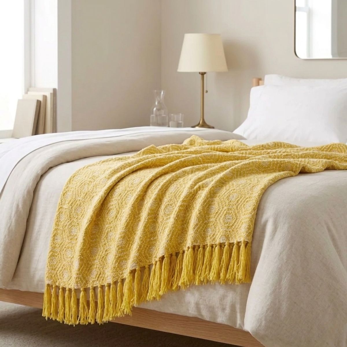 Yellow blanket on a bed in a bedroom setting with a lamp and decor items.