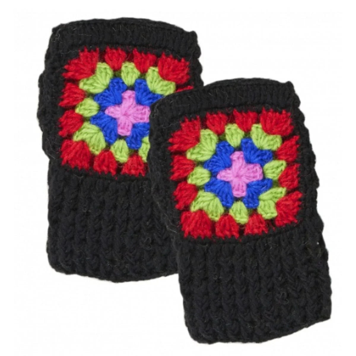 Pair of black knitted mittens with colorful square patterns on a white background