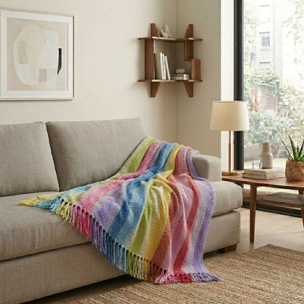 Colorful striped blanket draped over a gray sofa in a living room.